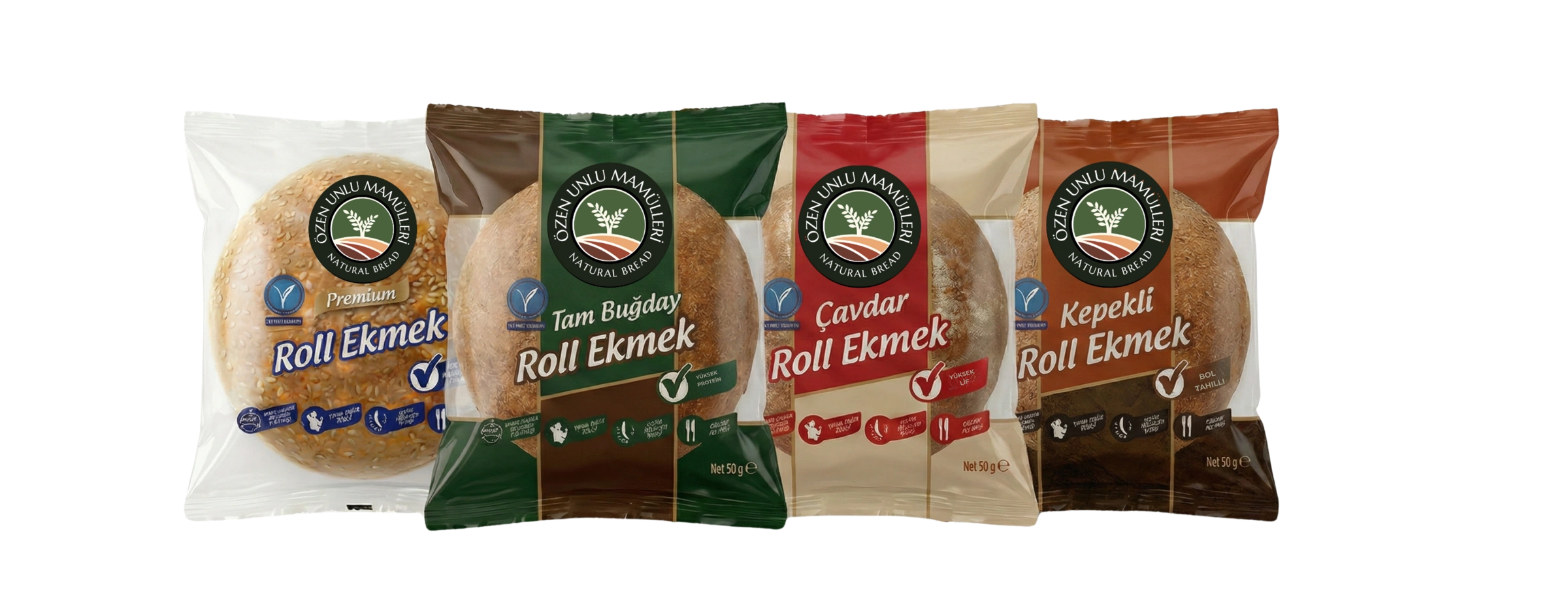 Premium, tam buğday, çavdar ve kepekli roll ekmek paketleri yanyana